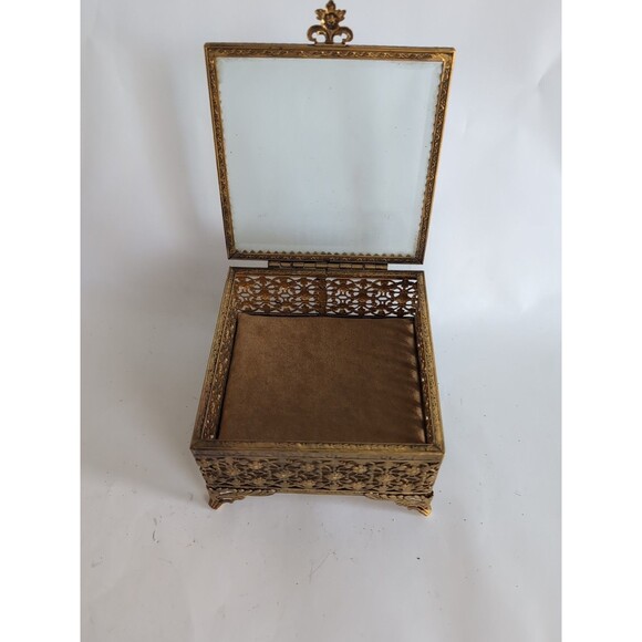 Vtg Filigree Ormolu Jewelry Box Casket Beveled Glass Hollywood Regency Gold - Picture 4 of 9